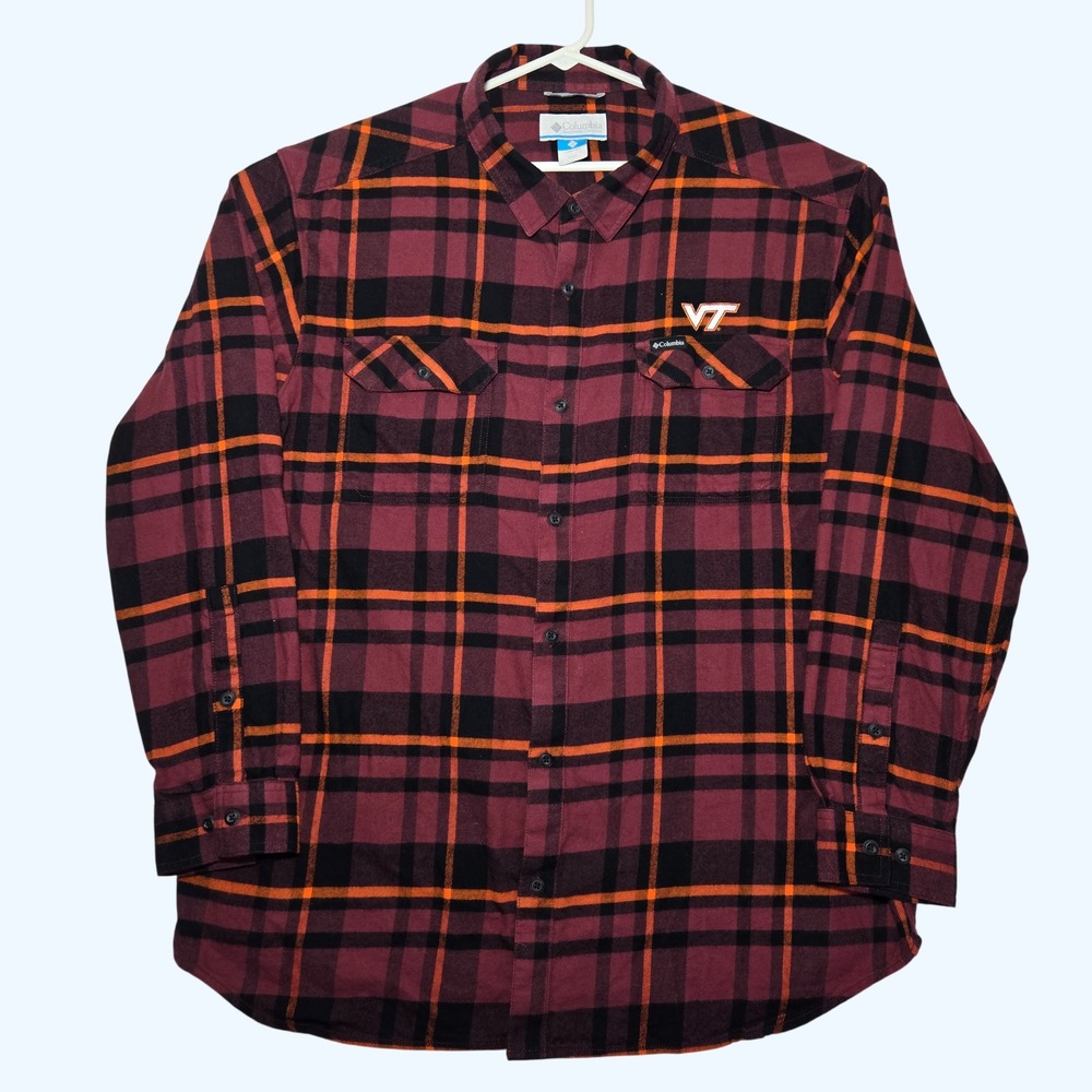 Columbia Virginia Tech Hokies Plaid Flannel Shirt Mens XXL Maroon Orange College - Picture 2 of 6